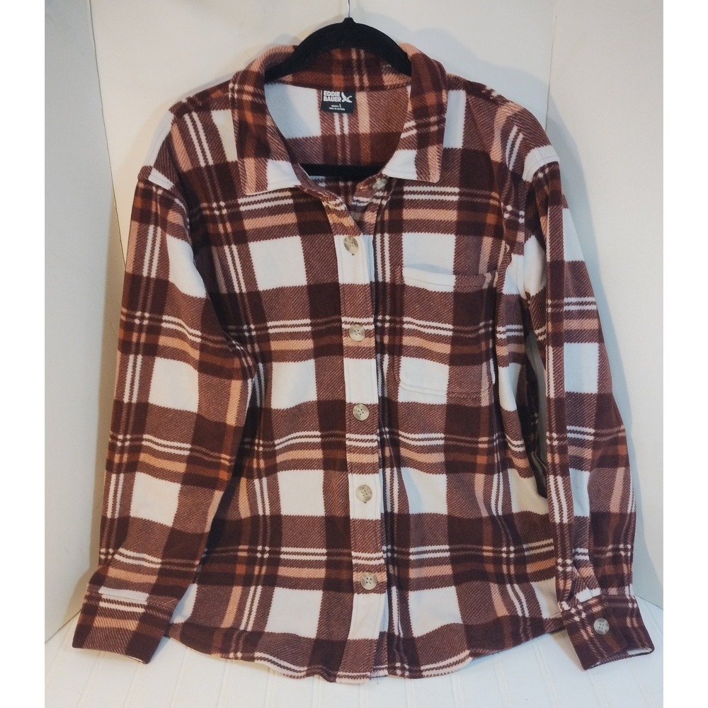 Eddie Bauer Womens LG Plaid Fleece Button Up Shirt Cabin Outdoors Cozy Layering